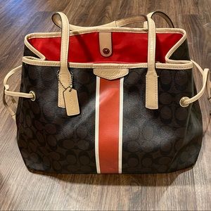 Brown Leather coach Bag with Orange & White Stripe